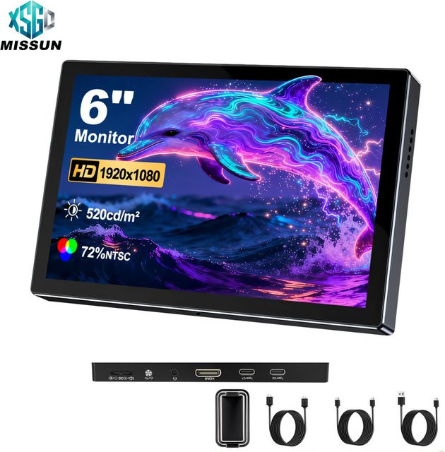MISSUN Tragbarer 6-Zoll Monitor in Schwarz mit 60 Hz und USB-C Anschluss für Laptop, PC, Xbox, PlayStation, Nintendo Switch und mobile Geräte - Bild 1