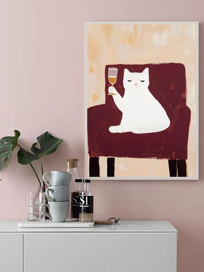 Matisse Stil Wandkunst Champagner-Katze als Poster in Rot und Burgunder für deine Neujahrs- und Winterdekoration - Bild 5