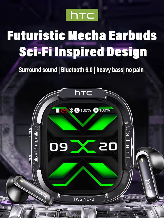 HTC NE69 KI-Übersetzer Kabellose In-Ear Kopfhörer mit Bluetooth 6.0, Gaming Stereo Audio und RGB Ladecase in Schwarz und Grau - Bild 1