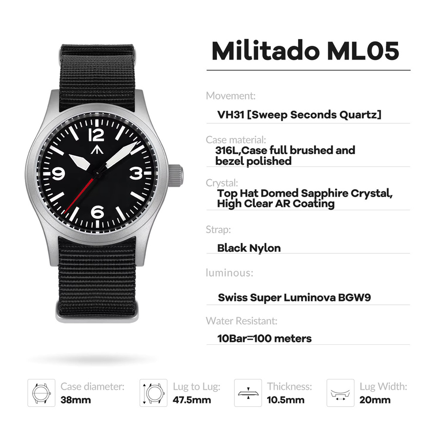 Militado Armbanduhr, Quarz, Edelstahl, 38 mm, Schwarz, Herren - Bild 2
