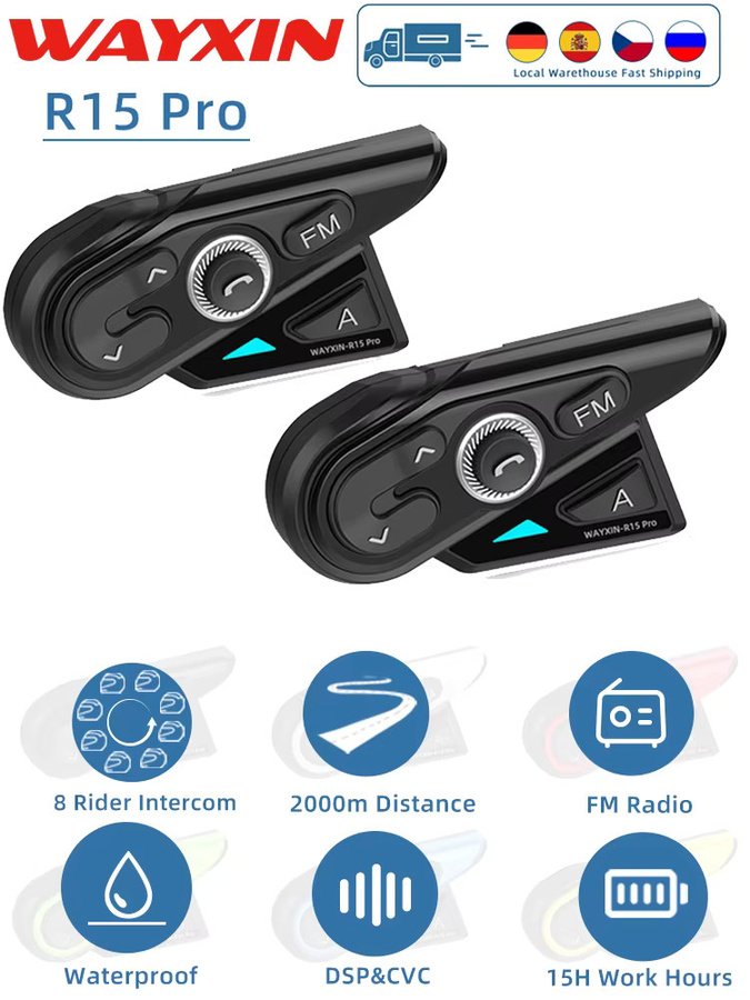 WAYXIN R15 Pro Helm-Headset in Schwarz: Wasserdichte Motorrad-Gegensprechanlage mit FM-Radio und universeller Kopplung für bis zu 8 Fahrer - Bild 6