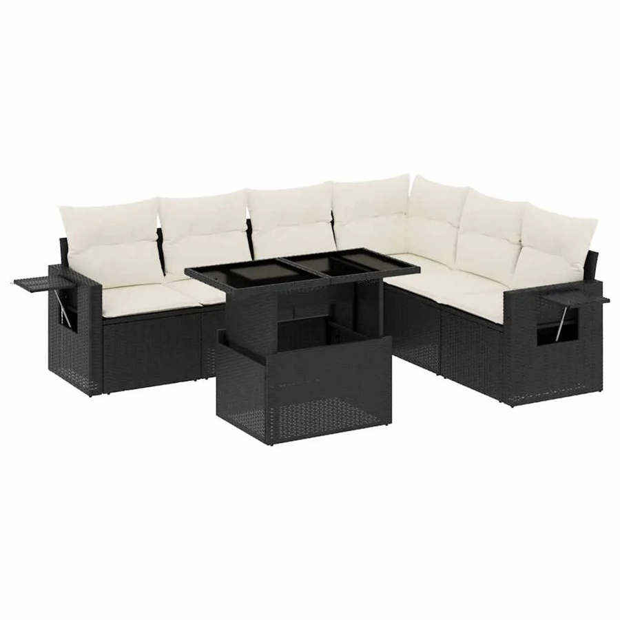 vidaXL 7-teilige Garten-Sofagarnitur in L-Form aus Poly-Rattan mit Kissen in Schwarz-Creme - Bild 2