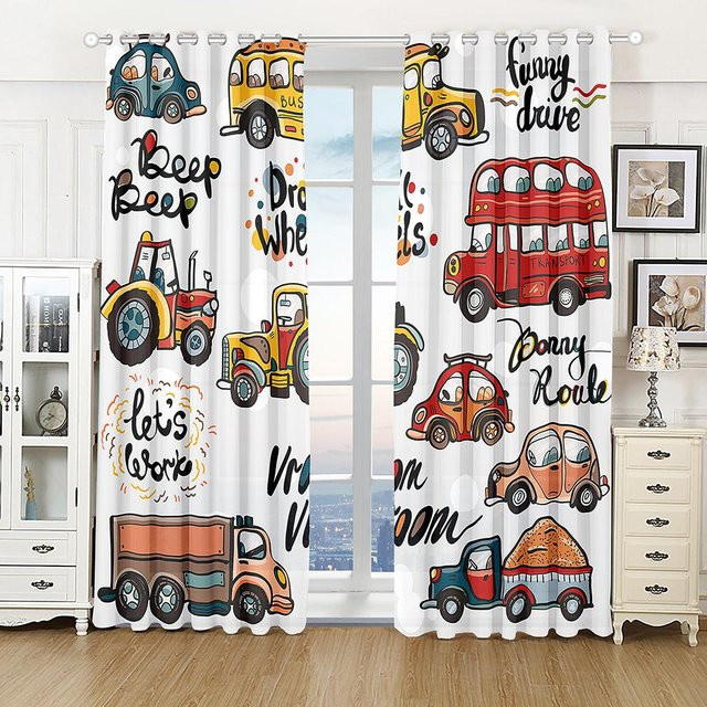 Semitransparente Vorhanggestaltung mit LKW, Rennauto, Feuerwehr und Bagger für Kinderzimmer und Wohnräume, Polyester, Mehrfarbig, B: 50 cm, H: 130 cm - Bild 1
