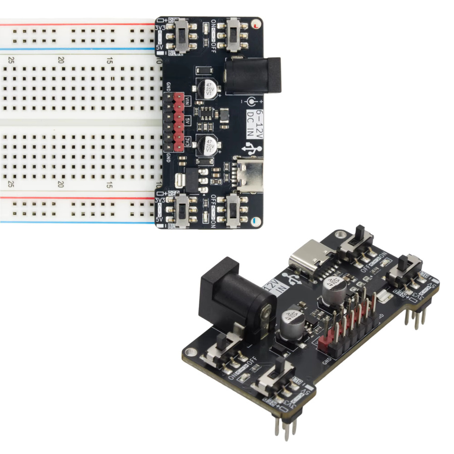 NullLab Breadboard-Stromversorgungsplatine in Schwarz mit 3,3/5V Ausgang, USB-C-Schnittstelle und 2,1 x 5,5 mm DC-Anschluss - Bild 3