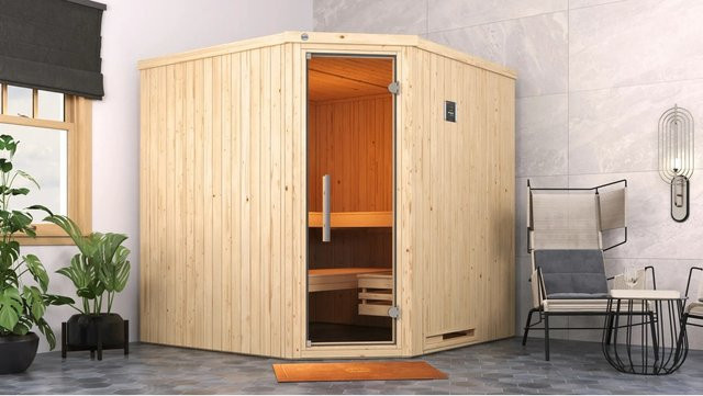 WEKA Ecksauna Varberg 3 in Braun mit BioS Glastür und 7,5 kW Sparset sowie Saunaleuchtenset, B/H/T: 194 x 199 x 194 cm - Bild 1