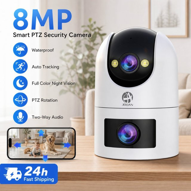 Jooan 4K 8MP Dual-Objektiv IP-Kamera mit Dual-Bildschirm, WLAN Außenkamera mit PTZ, Auto-Tracking und Audio-Video Funktion, Weiß - Bild 1