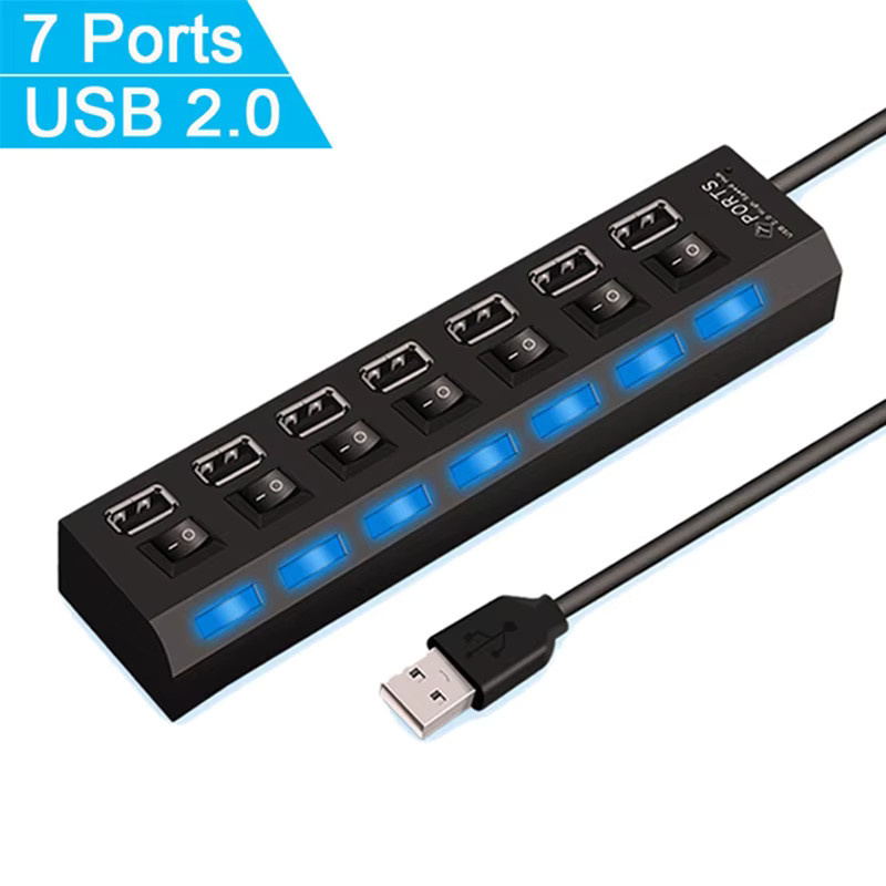 VORTNGLE USB 2.0 Hub 7-Port USB-Erweiterung mit EIN/AUS-Schalter und USB-Netzteil, Schwarz - Bild 2