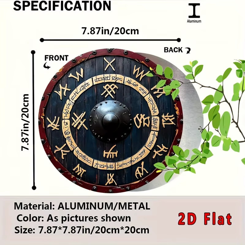 Reus Viking Rune Shield Metallwandkunst mit goldenen Runen, dunklem Holz und rotem Rand, Durchmesser: 20,32 cm - Bild 2