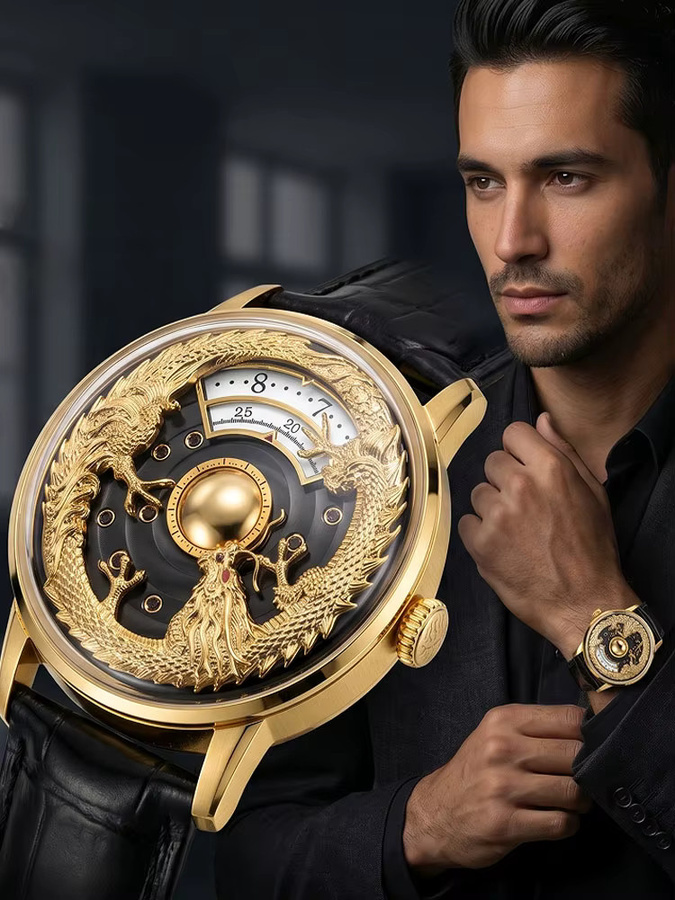 MechJazz Herrenuhr, Automatik, Lederarmband, Saphirglas, Gold - Bild 6