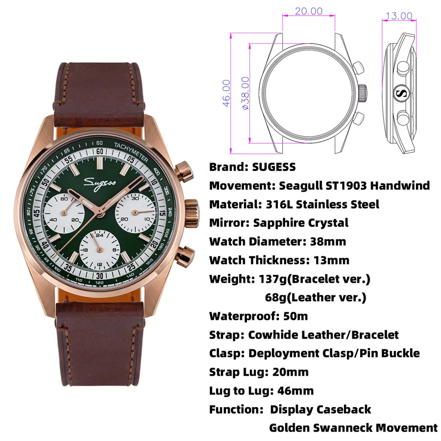 Sugess Chronograph, Automatik, Edelstahl, 38 mm, Herren - Bild 4