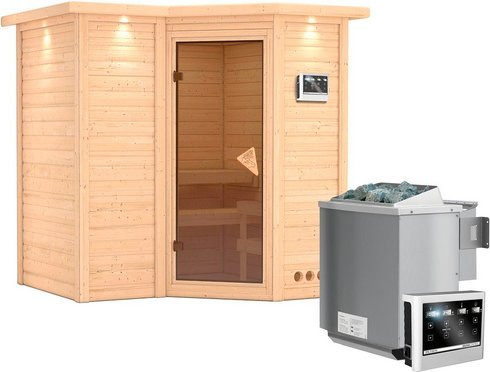 Karibu Sauna Riga 1 aus Fichtenholz in Beige für 3 Personen inklusive 9 kW Bio-Kombi-Saunaofen mit externer Steuerung, B/T/H: 221 x 198 x 212 cm - Bild 1