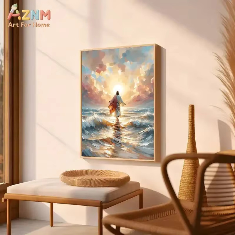 AZNM Jesus Leinwanddruck Impressionistische Religiöse Wandkunst Sonnenaufgang und Ozean Motiv in Mehrfarben - Bild 2