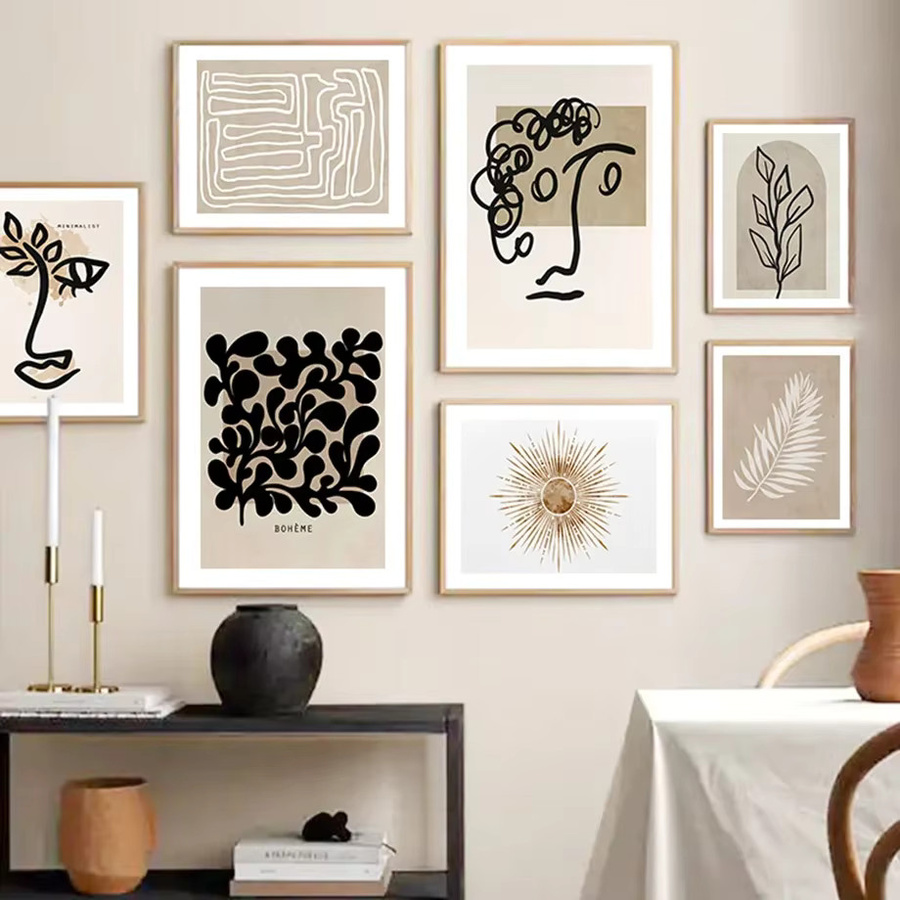Potdemiel Boho Wandkunst Leinwandgemälde in Beige mit abstrakten Blättern, Linien, Gesichtern, Herzen und Sonne - Bild 2