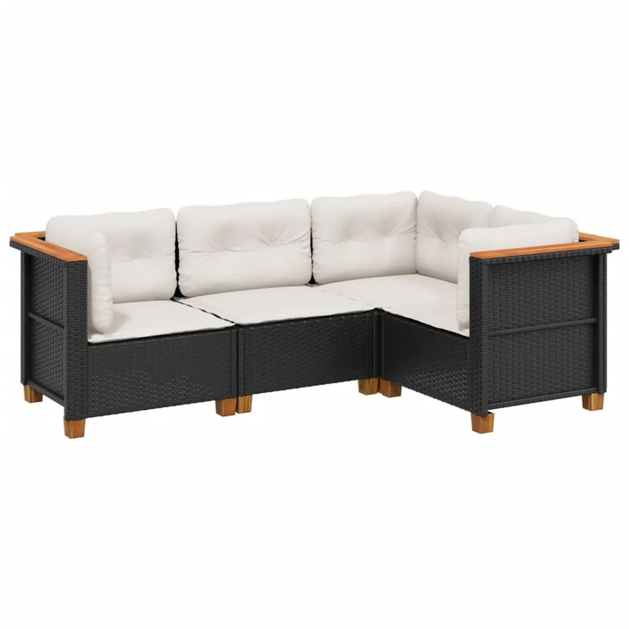 vidaXL 4-tlg Garten-Sofagarnitur in L-Form aus Polyrattan und Akazienholz mit Kissen, Schwarz - Bild 2
