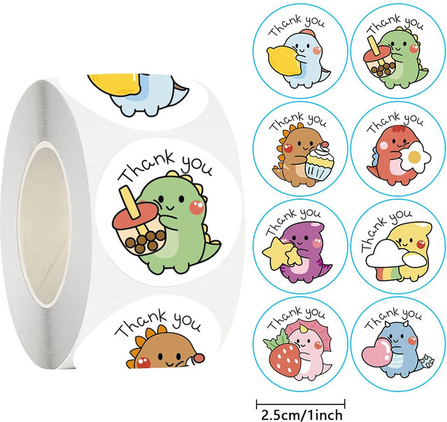500 Stück Dankeschön-Aufkleber mit Cartoon-Dinosaurier-Motiv in Mehrfarbig für Verpackungen, Geschenke und DIY-Projekte - Bild 1