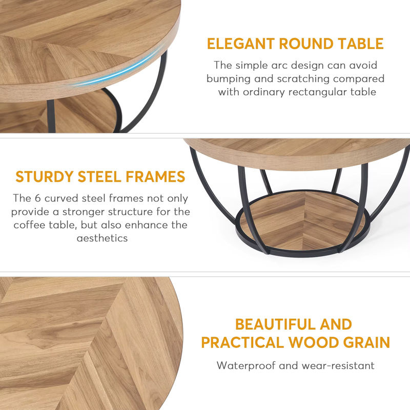 Tribesigns runder Couchtisch im industriellen Design mit 2 Ablageflächen aus Holz, braun - Bild 6