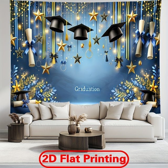 VIKAMA Abschluss-Fotokulisse aus Polyester in Blau mit Doktorhut-Requisiten, B: 150 cm, H: 130 cm - Bild 1