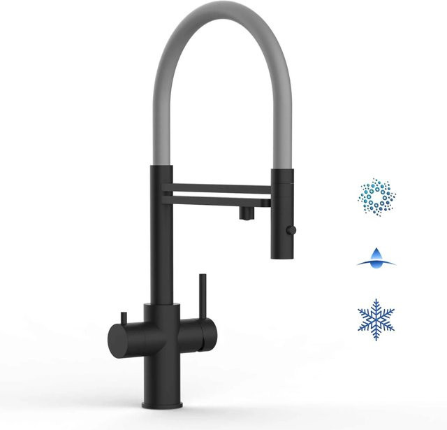 VIZIO Küchenarmatur aus Edelstahl mit 5-Wege-Wasserhahn, 360° schwenkbarem Auslauf und abnehmbarer 2-Strahl-Handbrause, Schwarz Matt/Grau - Bild 1