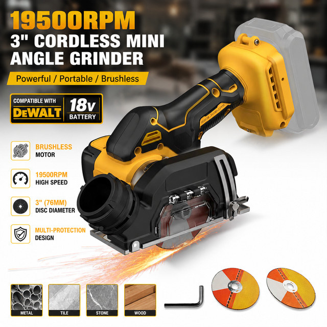 DeWALT Akku-Mini-Winkelschleifer 3 Zoll Gelb, bürstenloser Akku-Trennschleifer mit 19500 U/min, kompatibel mit DeWALT 18V Akku, tragbare Schleif- und Poliermaschine für Metall und Stahl - Bild 1