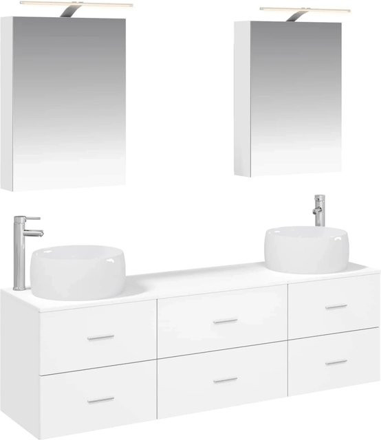 vidaXL Badezimmermöbel-Set in Weiß aus Ingenieurholz und Glas mit LED-Beleuchtung und Spiegelschrank - Bild 1