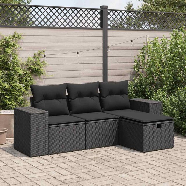 vidaXL 4-teilige Garten-Sofagarnitur in L-Form aus schwarzem Polyrattan mit wetterfesten Kissen und pulverbeschichtetem Stahlgestell - Bild 3
