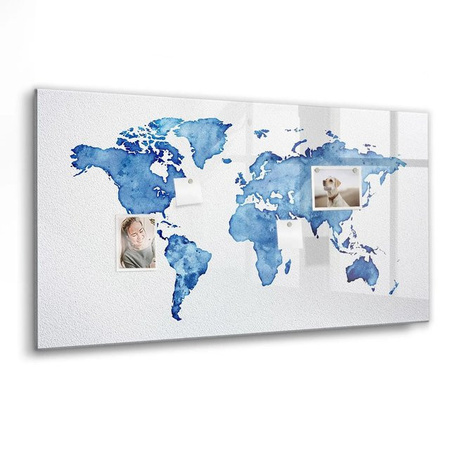 Tulup Magnettafel aus Glas mit Aquarell Weltkarte, beschreibbar, Blau, B: 120 cm, H: 60 cm