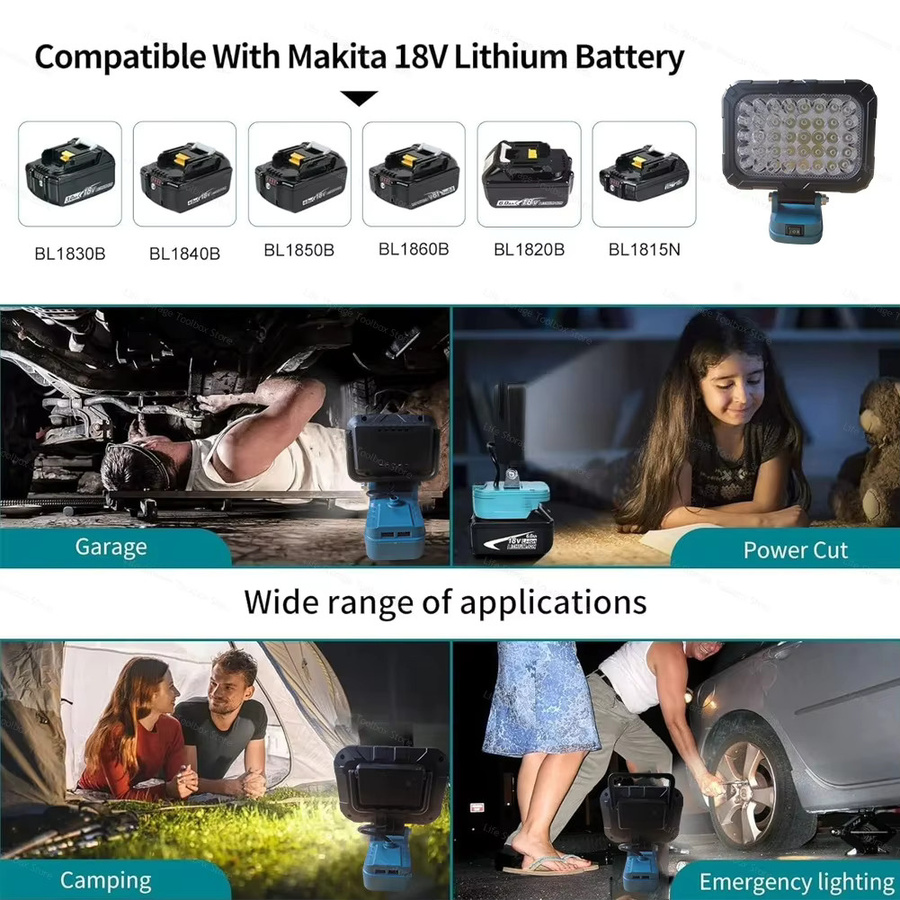 Makita LED Arbeitsleuchte und tragbare Laterne mit USB-Taschenlampe für 18V 21V Li-Ionen-Akkus, Schwarz - Bild 5