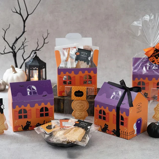 10er Set Halloween Candy Box bunte Haus-Verpackung aus Papier für Süßigkeiten und Gebäck in Orange und Multicolour - Bild 1