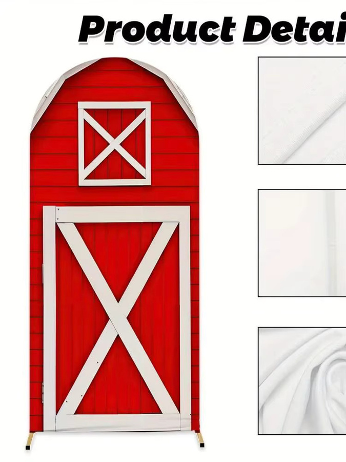 VIKAMA Bauernhaus-Bogen-Hintergrund mit roter Scheunentür im rustikalen Stil für Party, Geburtstag oder Hochzeit, Farbe: Rot, B/H: 120 x 50 cm - Bild 3