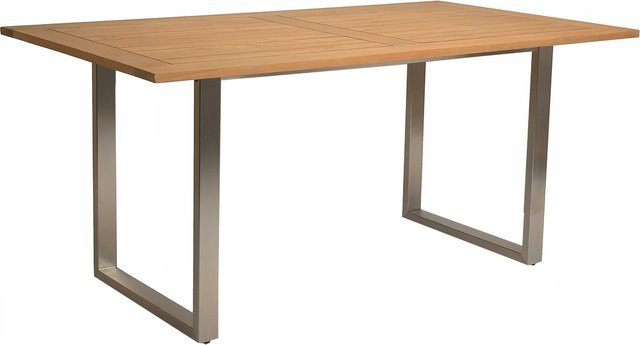 Stern Kufentisch mit Teak-Tischplatte aus Edelstahl in Braun, B/T: 180 x 100 cm - Bild 1