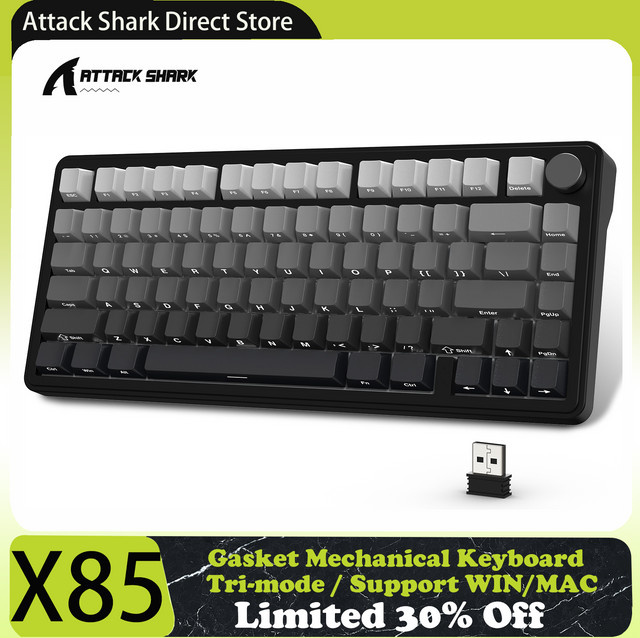 ATTACK SHARK X85 Tri-Mode Mechanische Tastatur 75 % mit CNC-Knopf, RGB-Hintergrundbeleuchtung und Hot-Swap in Weiß-Lila - Bild 1