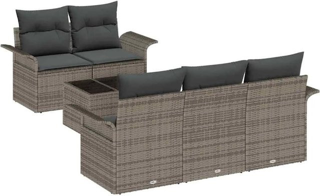 vidaXL 6-teilige Garten-Sofagarnitur aus Poly-Rattan in Grau mit Kissen und Tisch - Bild 1