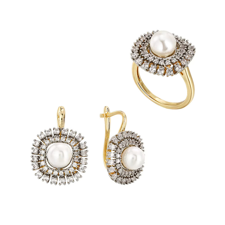 Vansler Schmuckset, Ohrringe und Ring, Messing, Gold, Zirkonia, Perle, Damen - Bild 1
