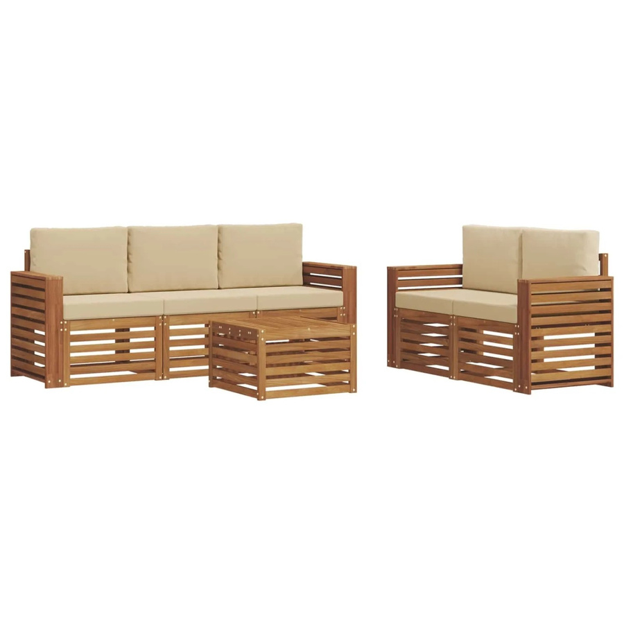vidaXL Sofagarnitur 6-teilig aus Massivholz Akazie in Natur und Beige mit Tisch und Polsterkissen im modernen Latten-Design - Bild 2