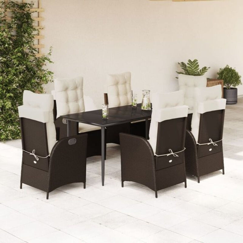 7-teilige Garten-Essgruppe aus Poly-Rattan mit Kissen in Braun von vidaxl - Bild 1