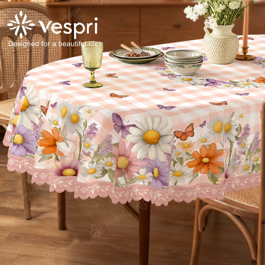 Vespri Tischdecke für Ostern und Frühling in Rosa Weiß mit Blumen und Schmetterlingen, kariertes Design aus Polyester, Rund, Durchmesser: 152,4 cm - Bild 2