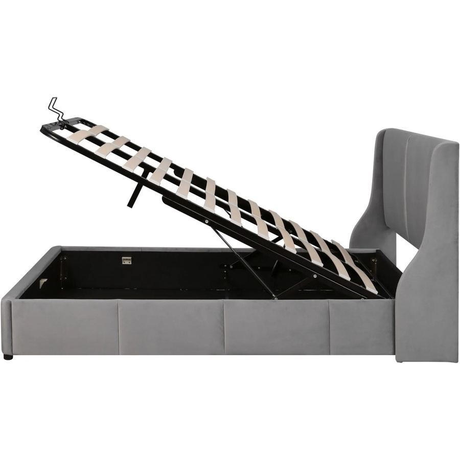 okwish Doppelbett mit hydraulischem Funktionsbett und Samtbezug in Grau, B/T/H: 140 x 200 x 100,5 cm - Bild 2