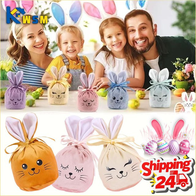 Ostern Kordelzug Geschenkbeutel mit lächelndem Gesicht in Blau für Süßigkeiten und Bastelarbeiten - Bild 1