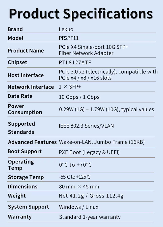 Lekuo 10G PCIe Netzwerkkarte RTL8127 SFP+ Glasfaser-NIC-Adapter für Server und Workstation in Schwarz - Bild 2