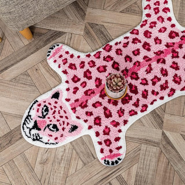 VIKAMA Bodenmatte mit Cartoon-Leopardenmuster in Pink, weich und saugfähig, ideal für Badezimmer und Wohnzimmer, B/T: 60 x 40 cm - Bild 1