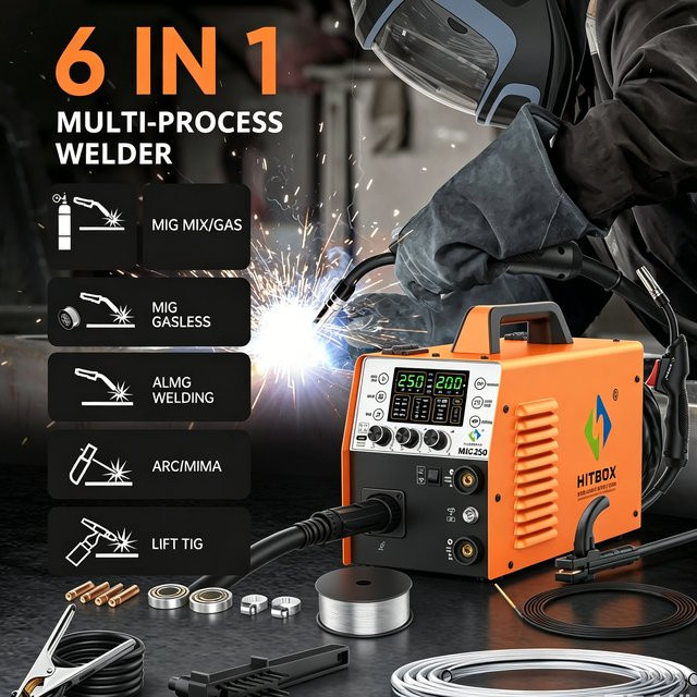 HITBOX MIG250 6-in-1 MIG-Schweißgerät in Orange: Synergic Single Pulse MIG/MMA/Lift TIG/Spot Schweißmaschine für Gas und Gaslos sowie Aluminium, 220V - Bild 1
