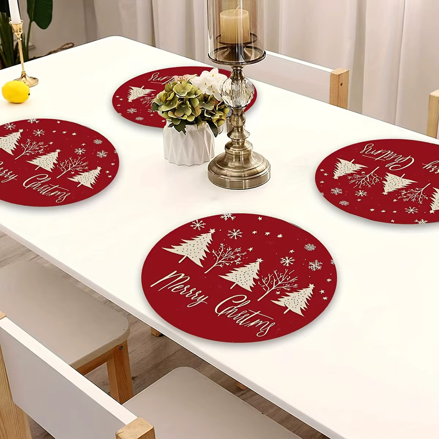 VIKAMA 4-teiliges Set weihnachtliche Platzsets aus Leinen in Rot mit Grafikdesign, rund, Durchmesser: 38 cm - Bild 4