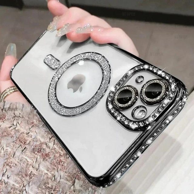Luxus Bling Kristall Linsenfolie Hülle für Apple iPhone 11 12 13 14 15 16 Pro Max Plus mit MagSafe Magnetischem Kabellosem Laden in Schwarz - Bild 1