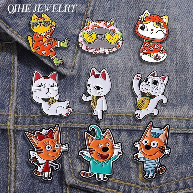 QIHE JEWELRY Brosche Anime Katzen, Emaille, Bunt - Bild 1