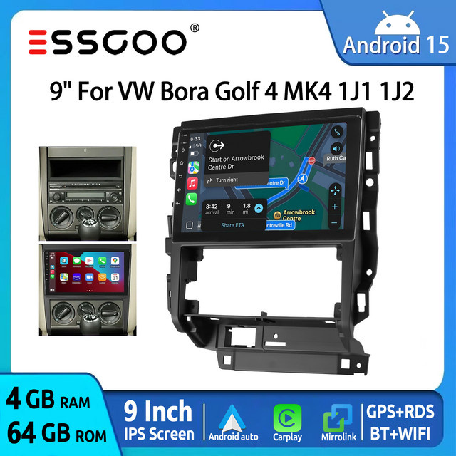 ESSGOO Android 15 Autoradio mit 9 Zoll IPS Touchscreen für VW Golf 4 MK4 1997-2003 R32, Schwarz, kabelloses CarPlay, Android Auto, GPS, Bluetooth, WiFi und Lenkradsteuerung - Bild 1