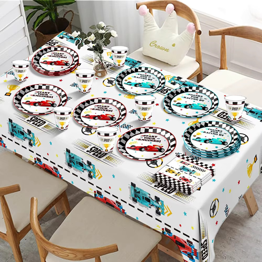 EsenTroye Rennwagen Party-Dekorationsset für Kinder in Mehrfarbig mit Papptellern, Servietten, Tassen, Banner und Tischdecke - Bild 4