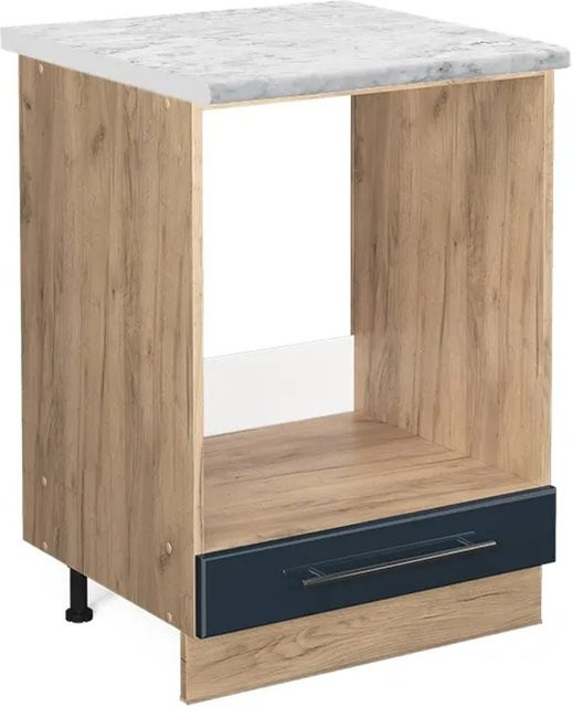 Vicco Herdumbauschrank Fame-Line in Dunkelblau Hochglanz und Eiche mit Arbeitsplatte in Weiß-Marmor, Breite: 60 cm - Bild 1