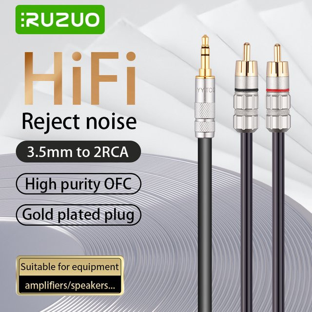 RUZUO Audio Kabel 3,5mm Klinke auf 2 RCA Stereo Aux Splitter für Verstärker und Heimkino, Schwarz - Bild 1