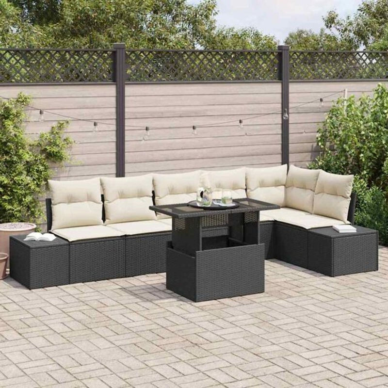 Vidaxl Garten-Sofa-Set aus 7 Teilen aus Polyrattan in Schwarz und Creme, modernes Loungemöbel-Set mit Glas, B/T/H: 100 x 55 x 73 cm - Bild 1