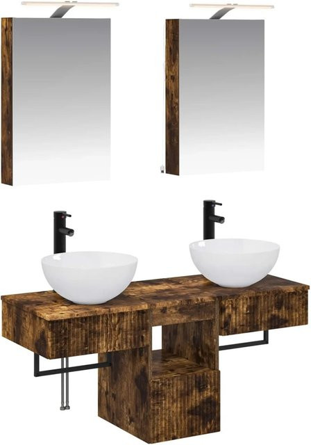 vidaXL Badezimmerschrank-Set aus Holz in Geräucherte Eiche, modern, Wandmontage mit LED-Beleuchtung und Spiegelschrank, Braun - Bild 1